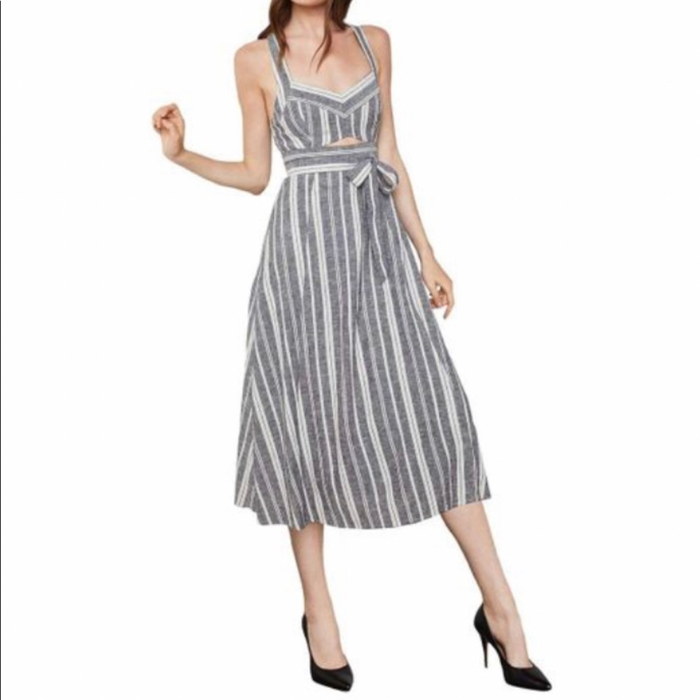 BCBG MAX AZRIA | Grey + White Linen Blend Cut-Out Sleeveless Sundress | Size 8